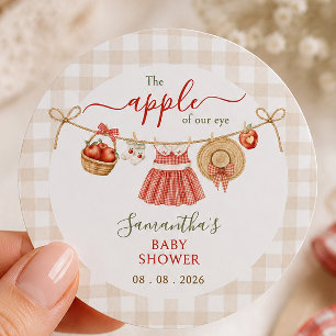 Apple Of Our Eye clothesline gingham Baby Shower Classic Round Sticker