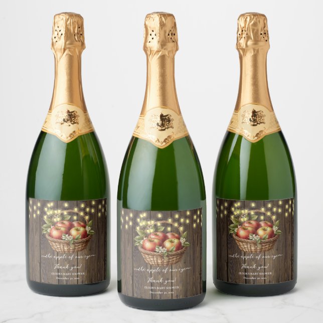 Apple Of Our Eye Fall Floral Wood Baby Shower Sparkling Wine Label (Bottles)