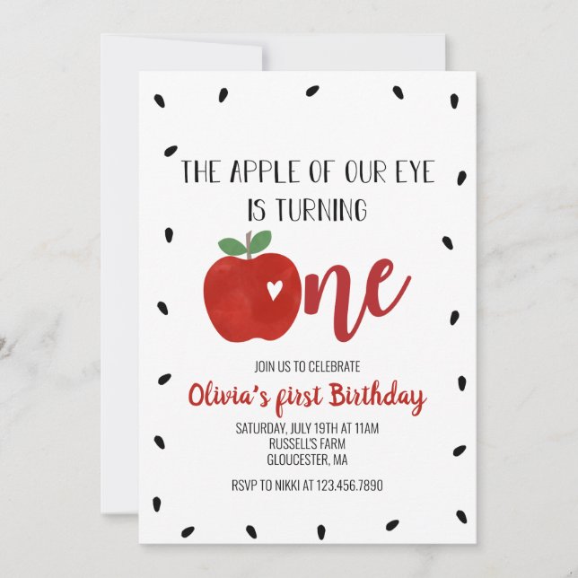 Apple of our Eye first birthday Invitation (Front)