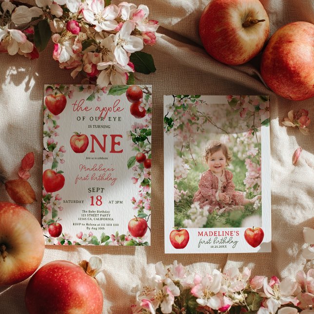Apple of Our Eye Floral Fall Photo First Birthday Invitation (Apple of Our Eye Floral Fall Photo First Birthday Invitation)