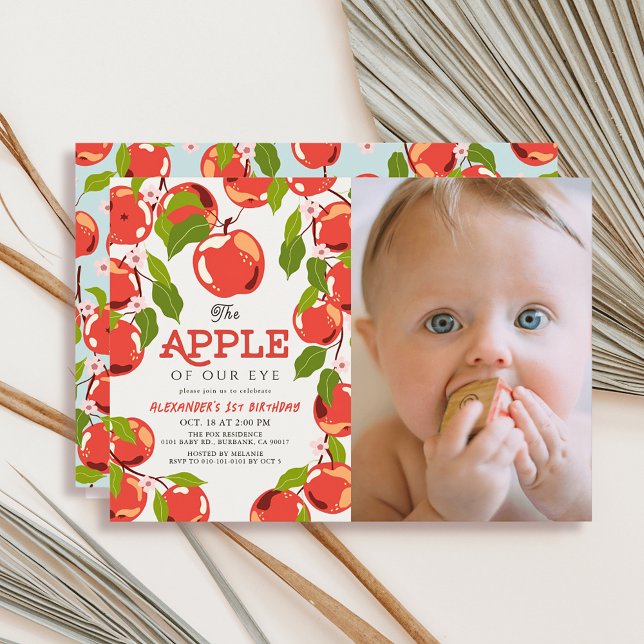 Apple of our Eye Floral Photo Boy's 1st Birthday Invitation (Creator Uploaded)