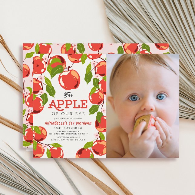 Apple of our Eye Floral Photo Girl's 1st Birthday Invitation (Creator Uploaded)