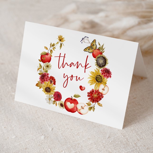 Apple of Our Eye Floral Wreath Fall Baby Shower Thank You Card (Creator Uploaded)