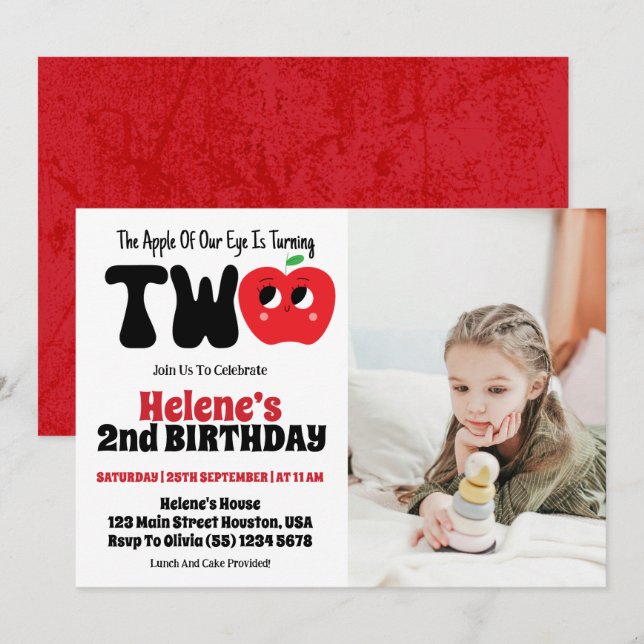 Apple Of Our Eye Girl 2nd Birthday Party Photo Invitation (Front/Back)