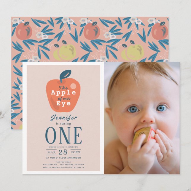 Apple of our Eye Girl Pink Photo 1st Birthday Invitation (Front/Back)