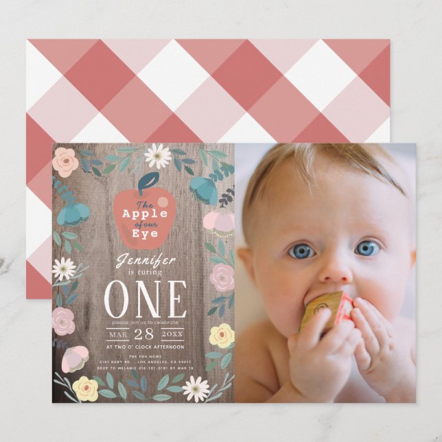 Apple of our Eye Wood Girl Photo 1st Birthday Invitation (Front/Back)