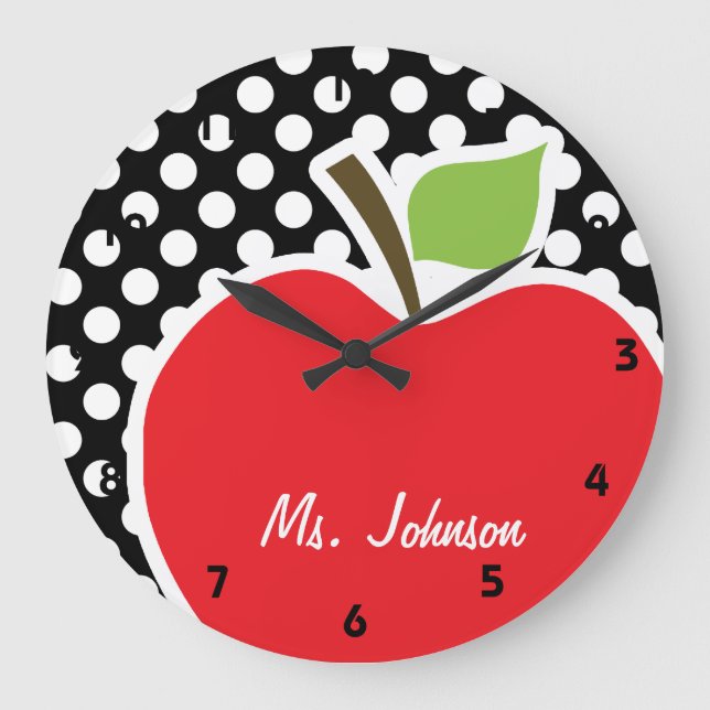 Apple on Black and White Polka Dots Large Clock (Front)