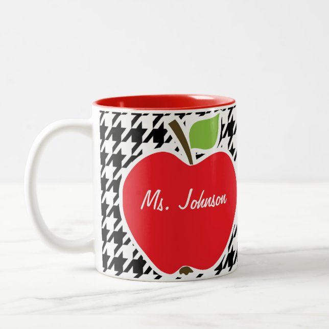 Apple on Black & White Houndstooth Two-Tone Coffee Mug (Left)