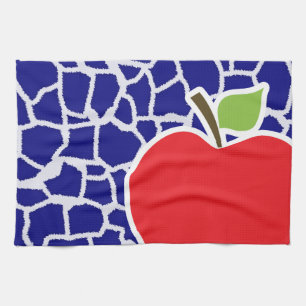 Apple on Dark Blue Giraffe Animal Print Tea Towel