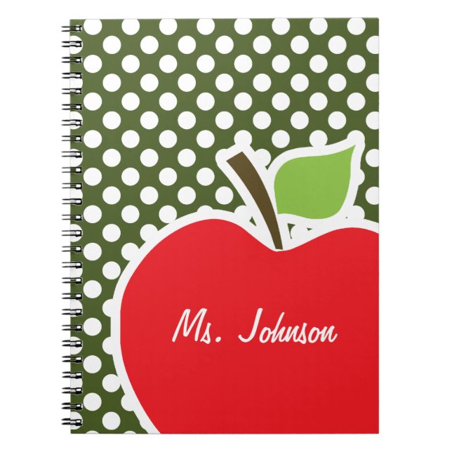 Apple on Dark Moss Green Polka Dots Spiral Notebook (Front)