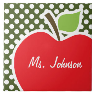 Apple on Dark Moss Green Polka Dots Tile