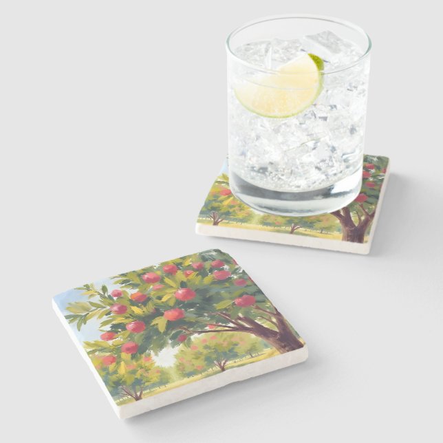 Apple Orchard Autumn Fall Watercolor Stone Coaster (Side)