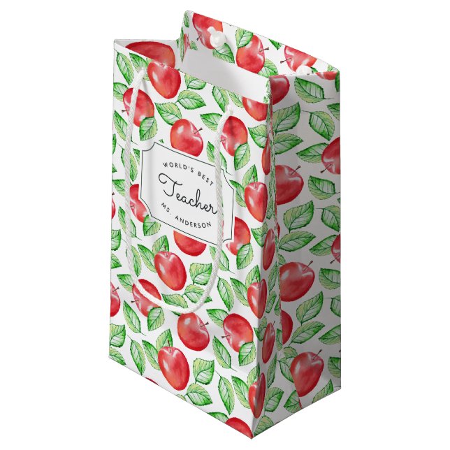 Apple Pattern Personalised Teacher Small Gift Bag (Front Angled)