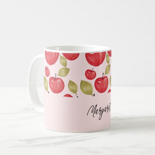 Apple Pattern Watercolor Hand-painted Monogram Coffee Mug (Front Left)