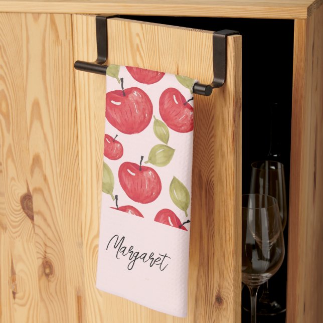 Apple Pattern Watercolor Hand-painted Monogram Tea Towel (Thirds Fold)