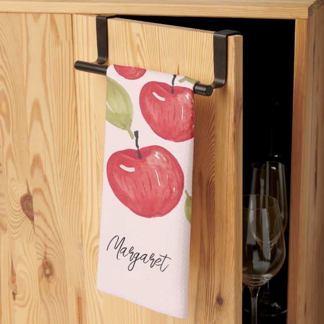 Apple Pattern Watercolor Hand-painted Monogram Tea Towel (Thirds Fold)