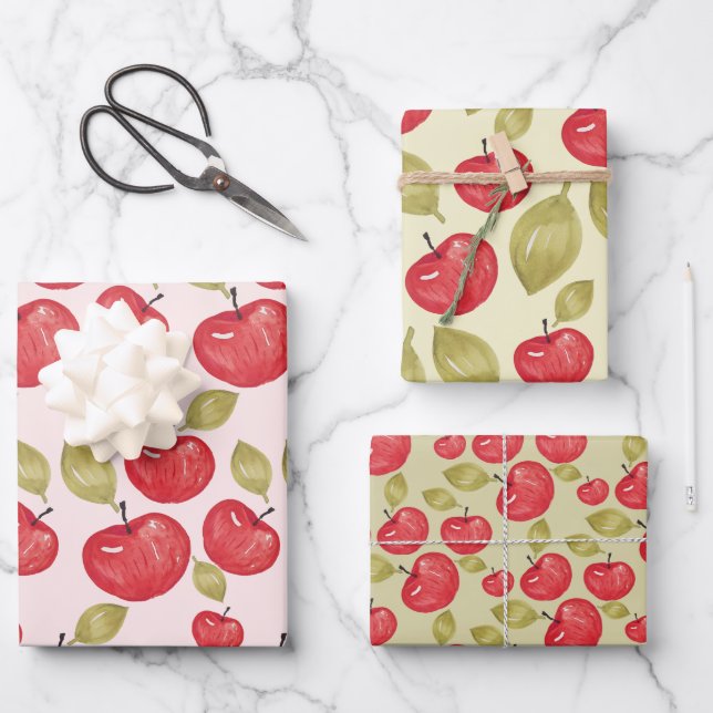 Apple Pattern Watercolor Hand-painted Wrapping Paper Sheet (Front)