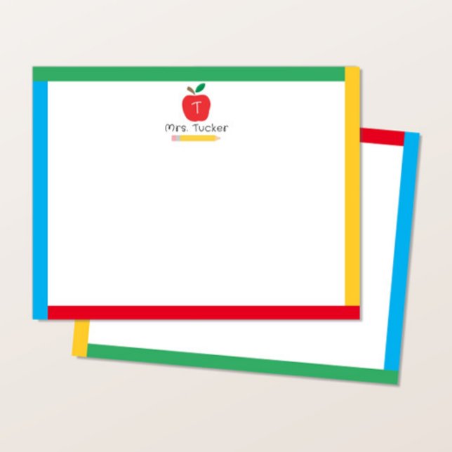 Apple Pencil Cute Primary Colours Monogram Teacher Card (Creator Uploaded)