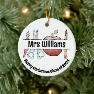 Apple Pencil & Scissors Design – Gift for Teachers Ceramic Tree Decoration