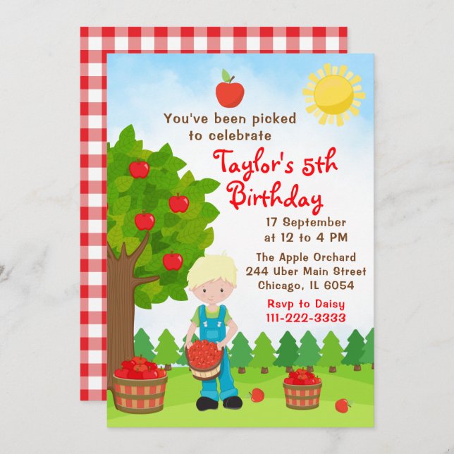 Apple Picking Birthday Blonde Hair Boy Invitation (Front/Back)