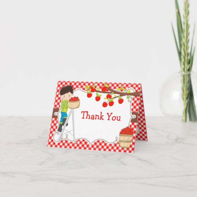 Apple Picking Black Hair Birthday Party Thank You Card (Front)