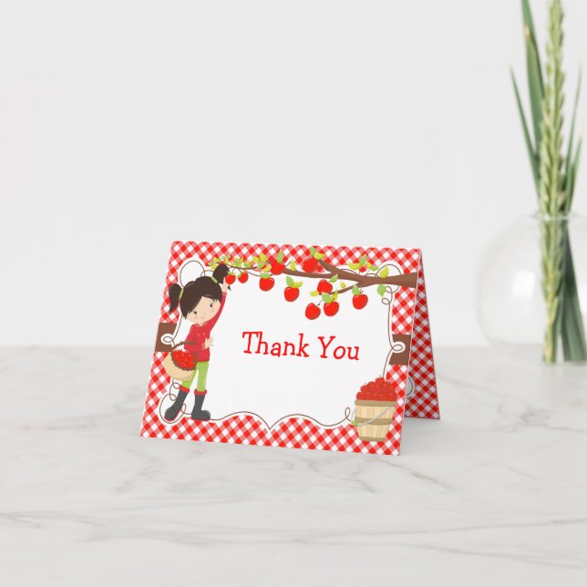 Apple Picking Black Hair Girl Birthday Party Thank You Card (Front)