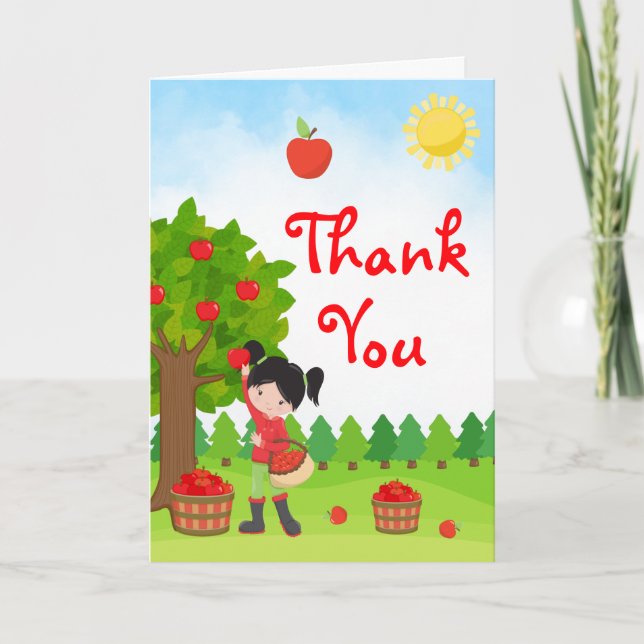 Apple Picking Black Hair Girl Birthday Thank You C Card (Front)