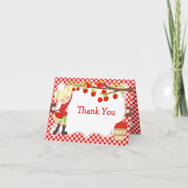 Apple Picking Blonde Girl Birthday Party Thank You Card (Front)