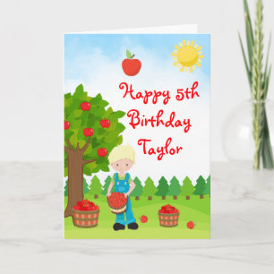 Apple Picking Blonde Hair Boy Happy Birthday Card