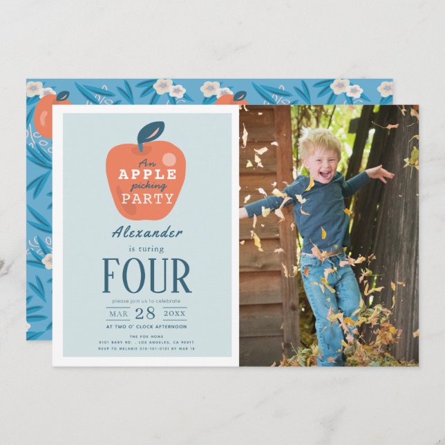 Apple Picking Blue Boy Photo Birthday Invitation (Front/Back)
