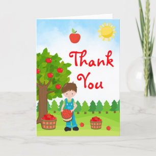 Apple Picking Brown Hair Boy Birthday Thank You Ca Card