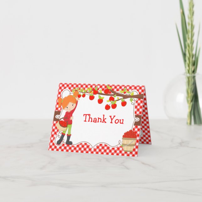 Apple Picking Red Hair Girl Birthday Party Thank You Card (Front)