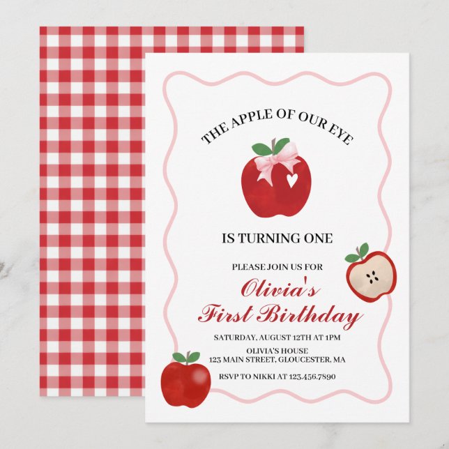 Apple Pink Bow preppy Coquette 1st birthday Invitation (Front/Back)