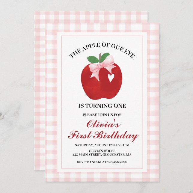 Apple Pink Bow preppy Coquette 1st birthday Invitation (Front/Back)