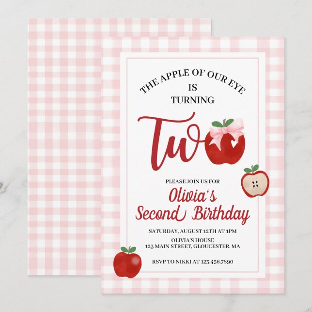 Apple Pink Bow preppy Coquette 2nd birthday Invitation (Front/Back)
