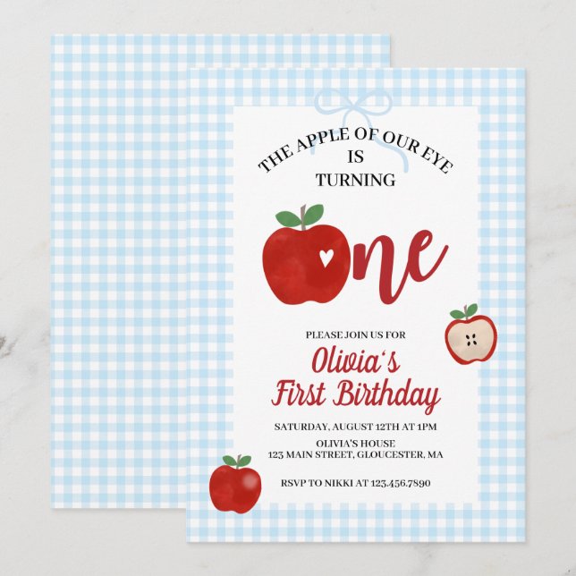 Apple preppy blue gingham Coquette 1st birthday Invitation (Front/Back)