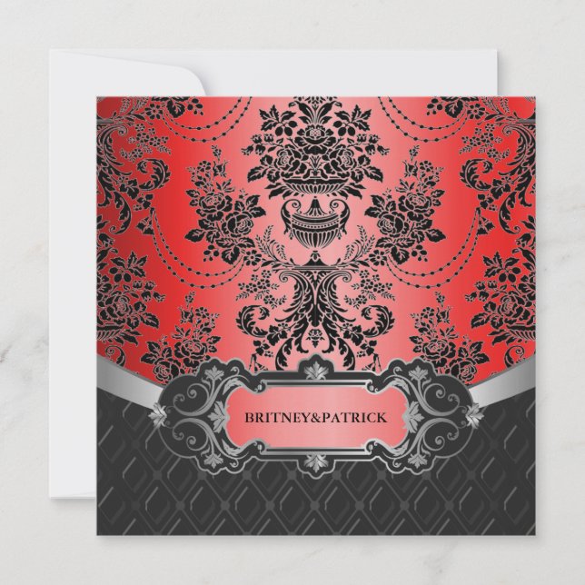 Apple Red & Black Damask Wedding Invitations (Front)