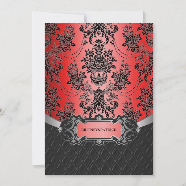 Apple Red & Black Damask Wedding Invitations (Front)