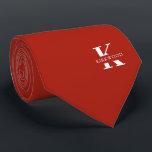 Apple Red Elegant Monogram   Name | One-Sided Tie<br><div class="desc">An elegant one-sided necktie featuring a bold white monogram across a Apple Red background. On top of this monogram sits your first or last name spelled out in all capitals. Over 40 unique colours are available in both one-sided and two-sided versions. You can browse them by clicking the collection link....</div>