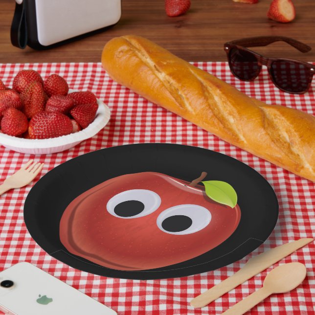 Apple, red fruit with googly eyes - Personalised Paper Plate (Picnic)