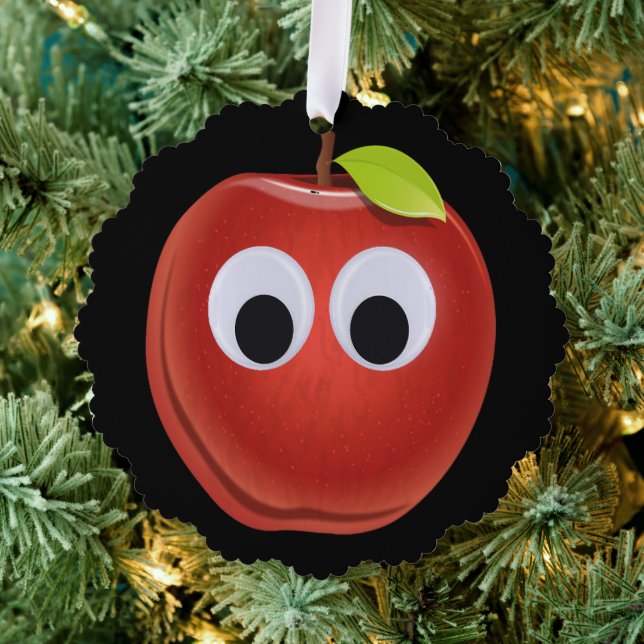 Apple, red fruit with googly eyes - Personalised Tree Decoration Card (Insitu (Tree))