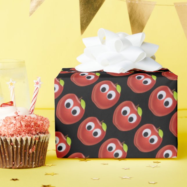 Apple, red fruit with googly eyes - Personalised Wrapping Paper (Birthday Party)