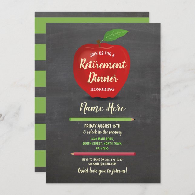 Apple Retirement Party Red Teacher Chalk Rustic Invitation (Front/Back)