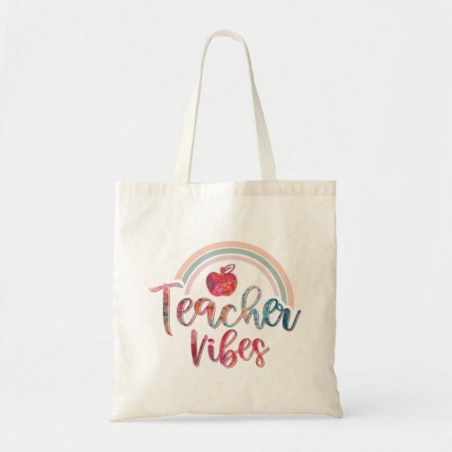 Apple Teacher Vibes Colourful Tote Bag (Front)