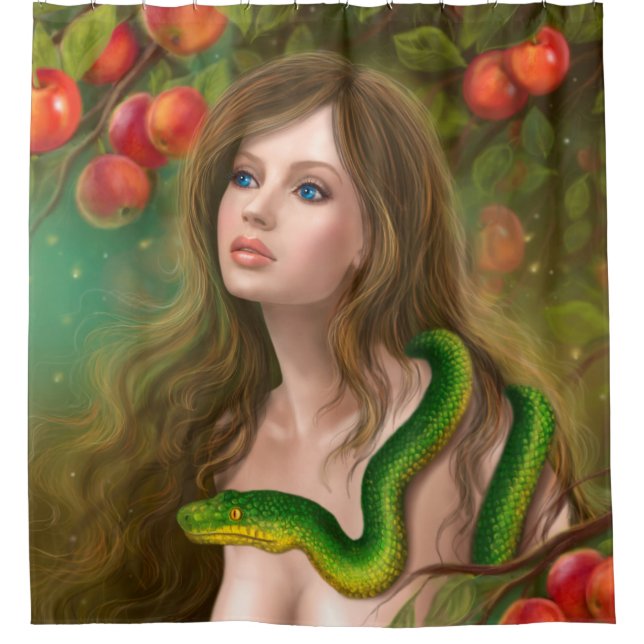Apple temptation. Beautiful woman Eve and snake. Shower Curtain (Front)