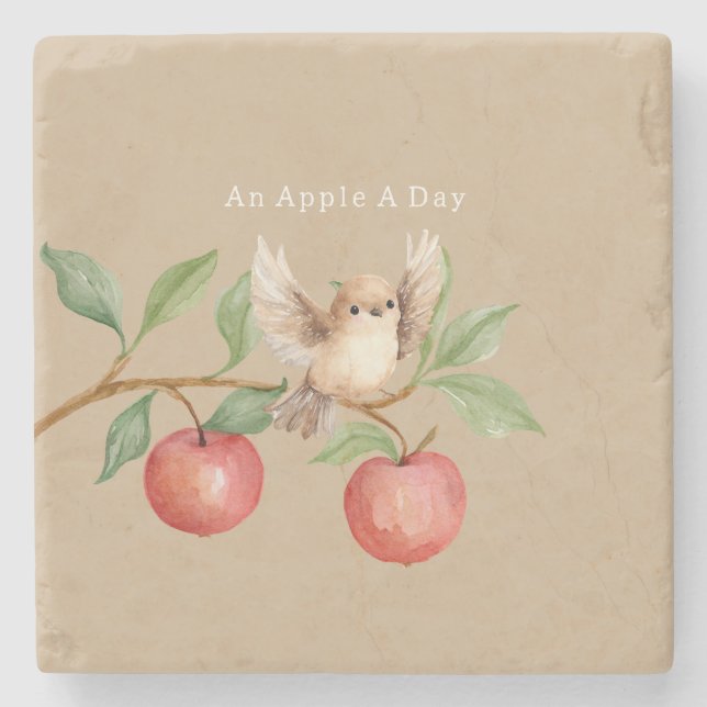 Apple Tree Bird on Branch Stone Coaster (Front)