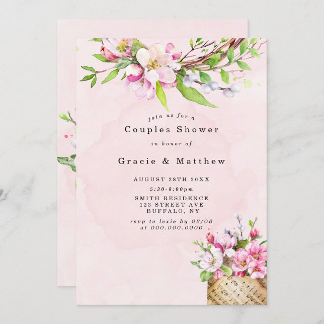 Apple Tree Blossoms Music Couples Shower Invites (Front/Back)