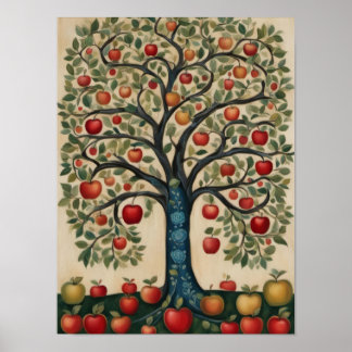 Apple Tree Folk Art Vintage Orchard Illustration Poster