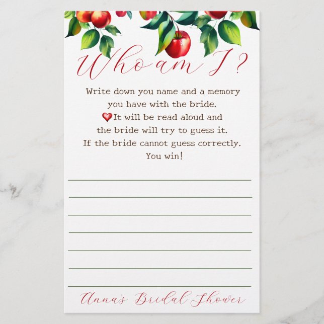 Apple  Who am I bridal shower game Stationery (Front)