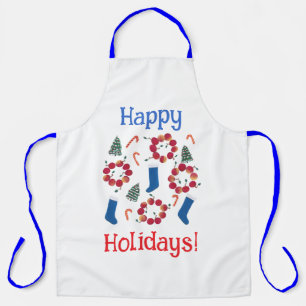 Apple Wreathes Blue Stockings Happy Holidays Apron